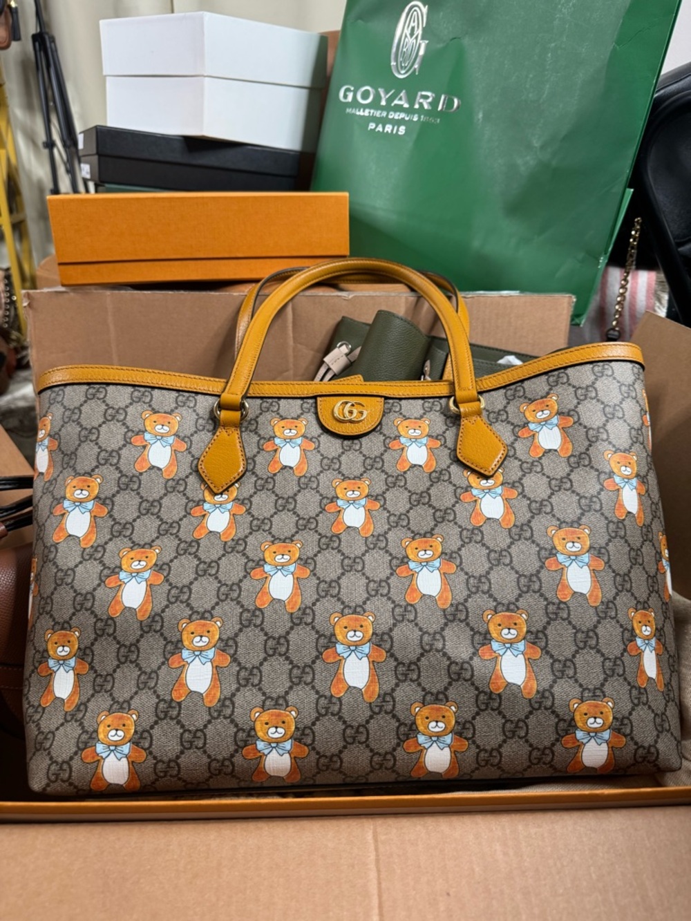 Gucci Beige GG Supreme Tote with Orange Teddy Print and Tan Trim